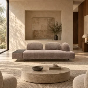 Dune Low Sofa in Taupe Fabric with Rounded Backrests and — in a room setting