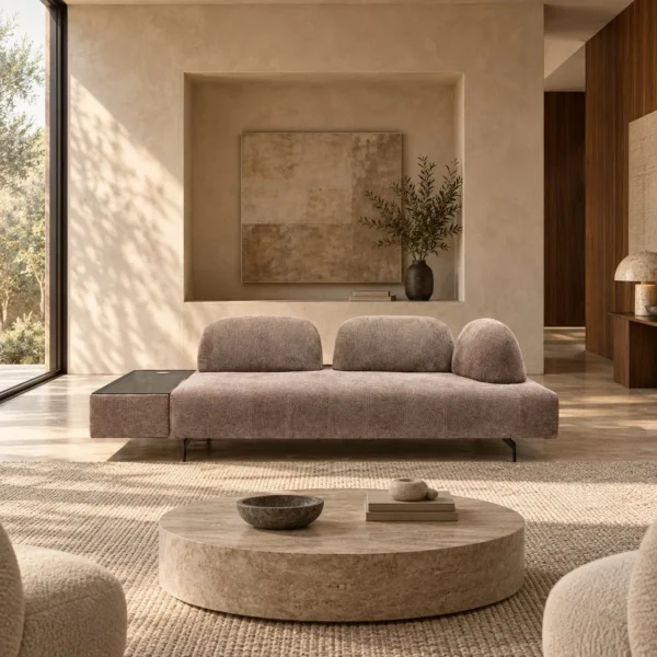 Dune Low Sofa in Taupe Fabric with Rounded Backrests and — in a room setting