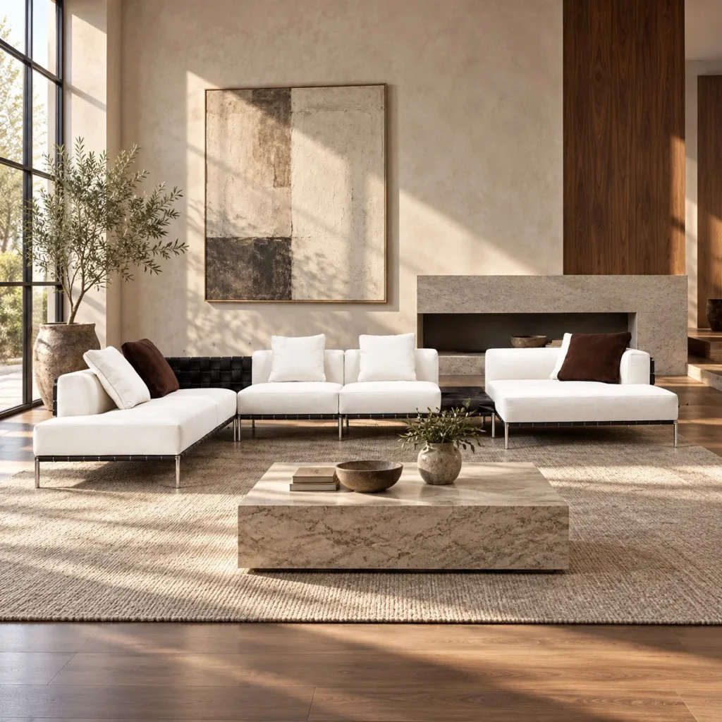Fulumi Modular Sofa in White Fabric on Slim Metal Frame — front view