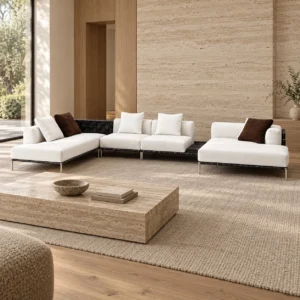 Fulumi Modular Sofa in White Fabric on Slim Metal Frame — in a room setting