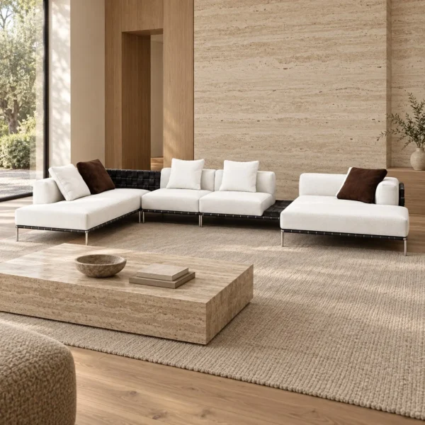 Fulumi Modular Sofa in White Fabric on Slim Metal Frame — in a room setting