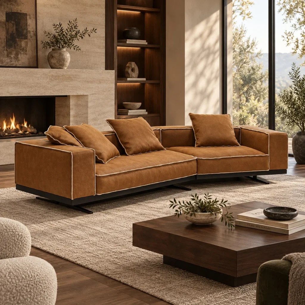 High Line Sofa in Cognac Leather with Contrast Piping on — front view