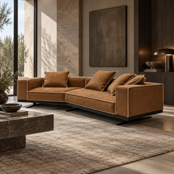 High Line Sofa in Cognac Leather with Contrast Piping on — in a room setting