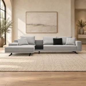 Light Grey Sectional with Chaise and Black Side Table in slate — front view