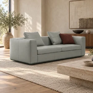 Pale Grey Leather Two-Seat Sofa with Square Arms, 220 cm in slate — front view