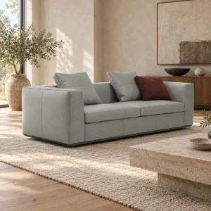 Pale Grey Leather Two-Seat Sofa with Square Arms, 220 cm in slate — in a room setting