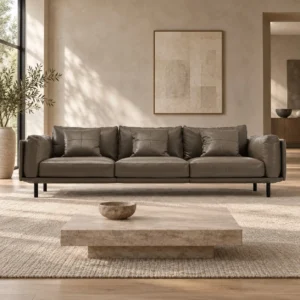 Taupe Leather Three-Seat Sofa in clay — front view