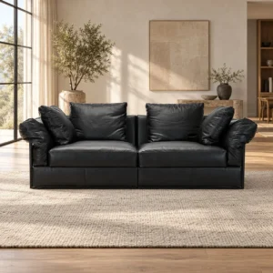 Black Leather Two-Seat Sofa with Overstuffed Cushions in black — front view