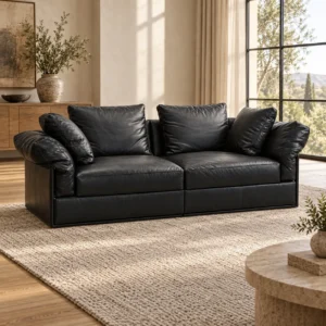 Black Leather Two-Seat Sofa with Overstuffed Cushions in black — in a room setting