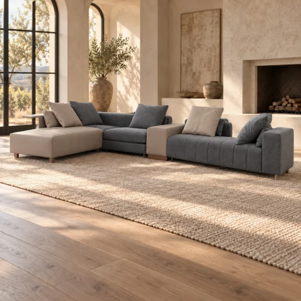 Two-Tone Modular Corner Sofa in Beige and Charcoal, 430 cm — in a room setting