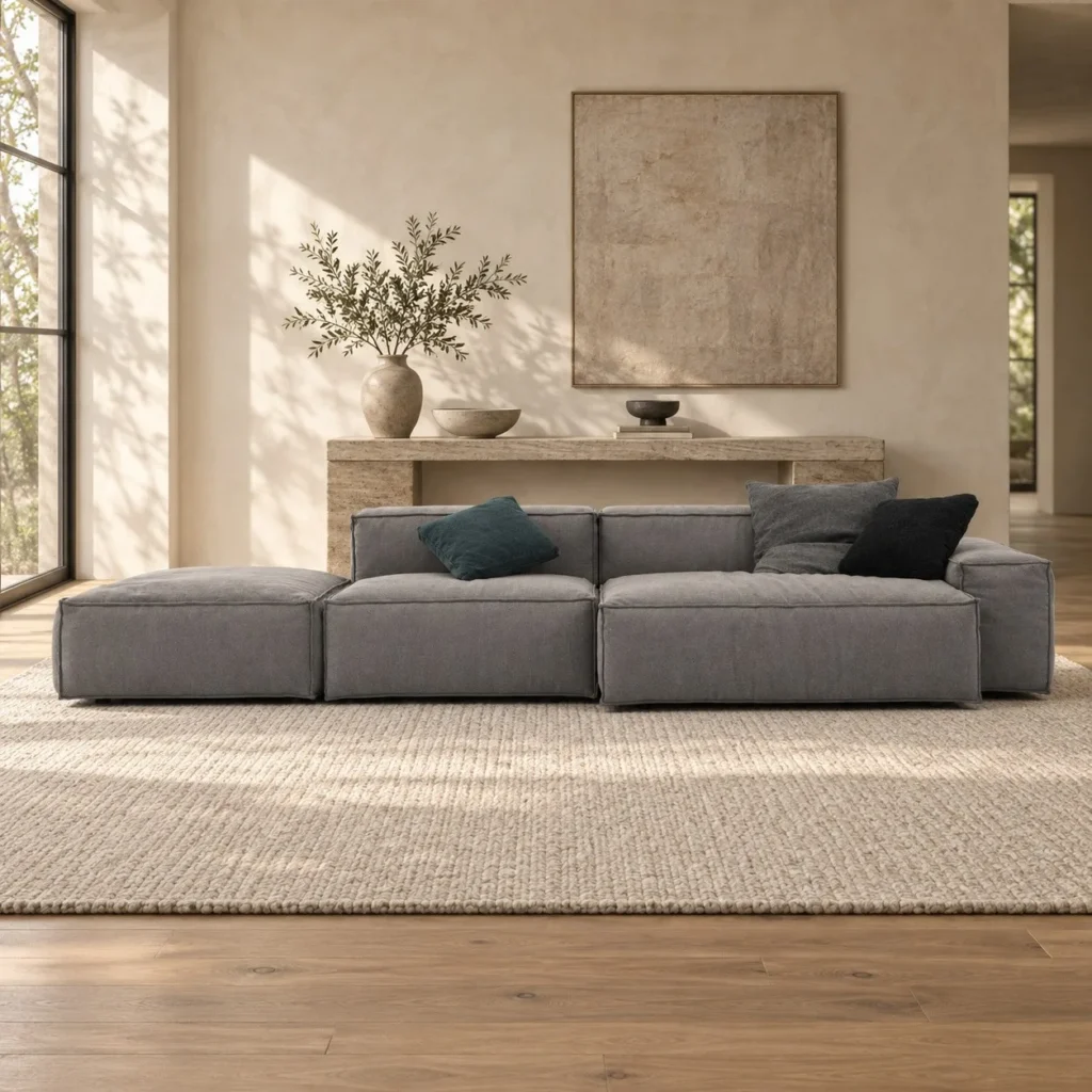 Grey Modular Block Sofa with Loose Cushions, 345 cm in slate — front view