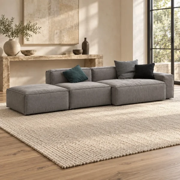 Grey Modular Block Sofa with Loose Cushions, 345 cm in slate — in a room setting