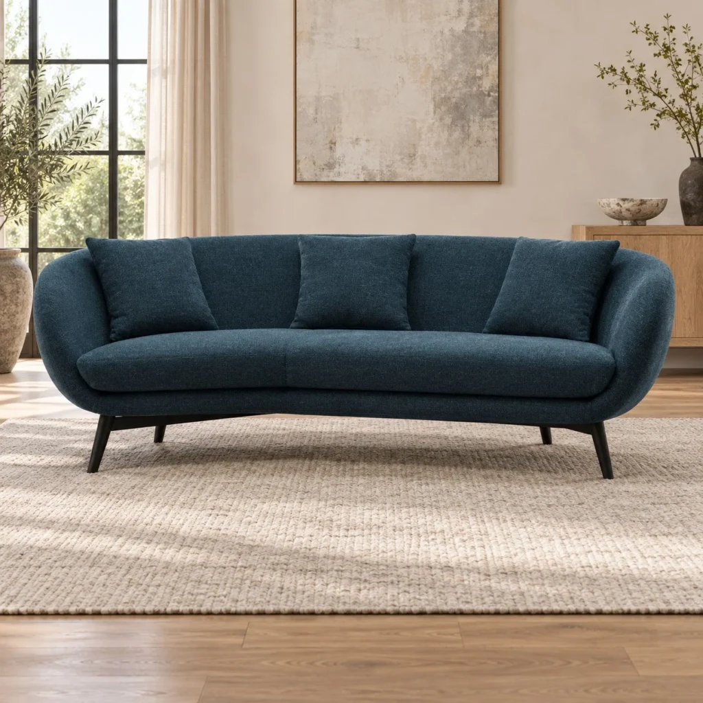 Navy Curved-Back Sofa on Dark Wood Legs, 220 cm in blue — front view