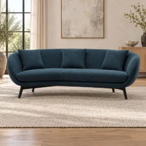 Navy Curved-Back Sofa on Dark Wood Legs, 220 cm in blue — front view