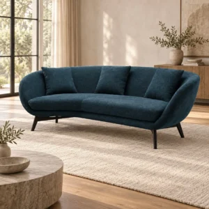 Navy Curved-Back Sofa on Dark Wood Legs, 220 cm in blue — in a room setting