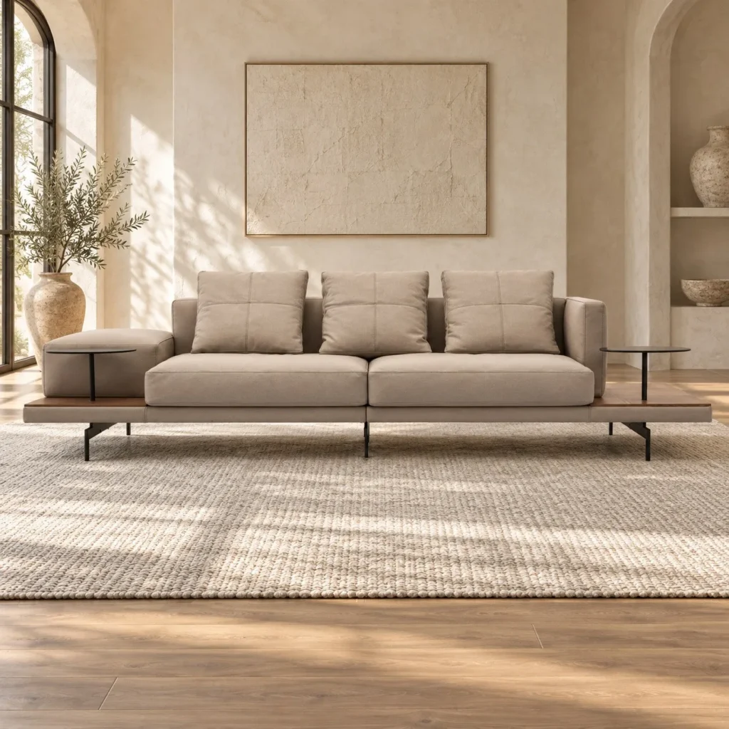 Cream Three-Seat Sofa with Wood Side Ledges on Metal Base in oatmeal — front view