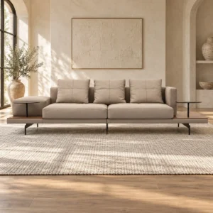 Cream Three-Seat Sofa with Wood Side Ledges on Metal Base in oatmeal — front view