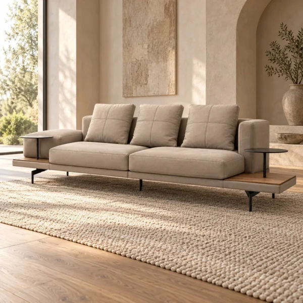 Cream Three-Seat Sofa with Wood Side Ledges on Metal Base in oatmeal — in a room setting