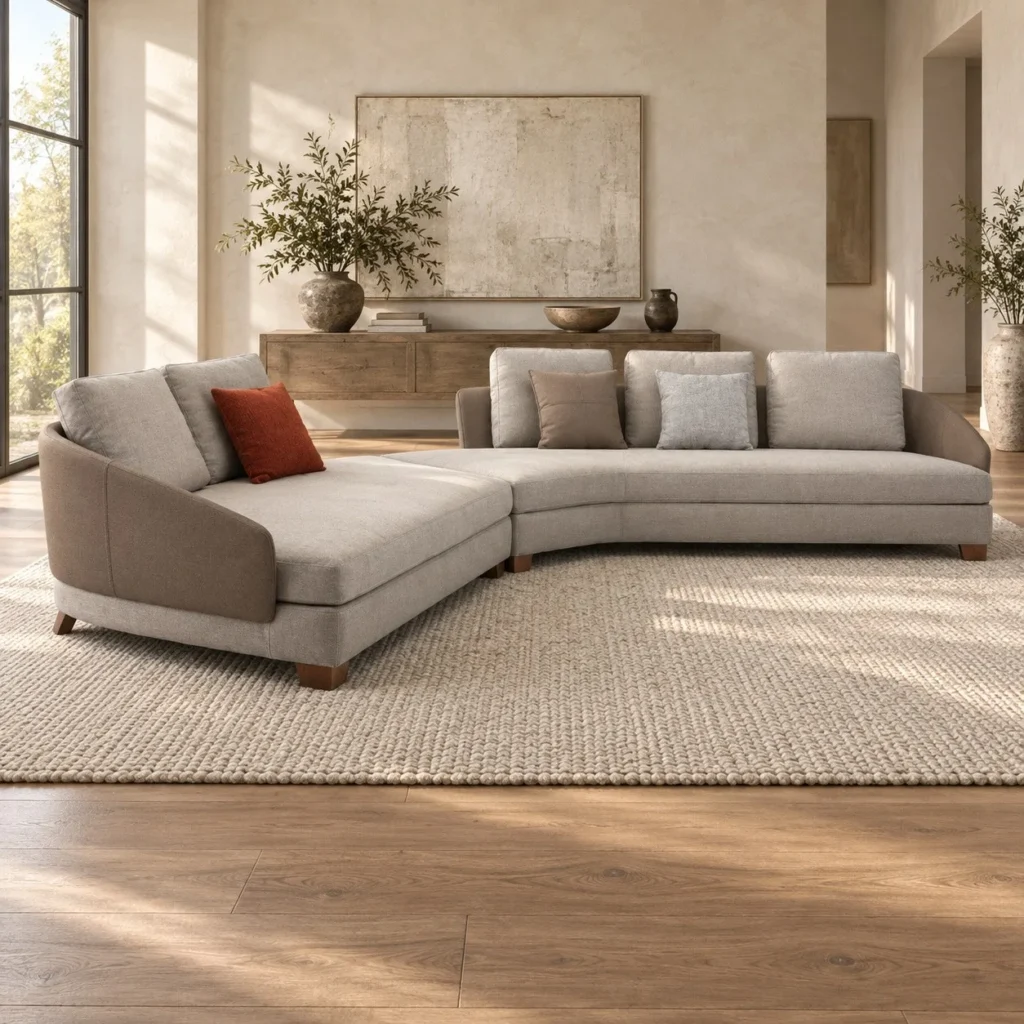Grey Curved Sectional with Angled Chaise on Wood Base in slate — front view