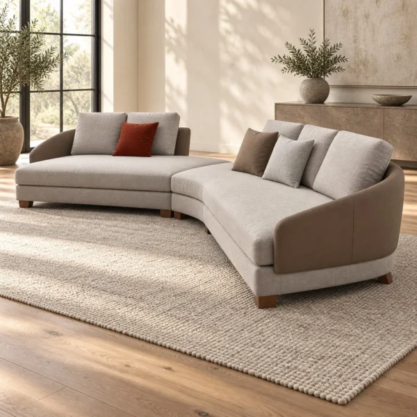 Grey Curved Sectional with Angled Chaise on Wood Base in slate — in a room setting