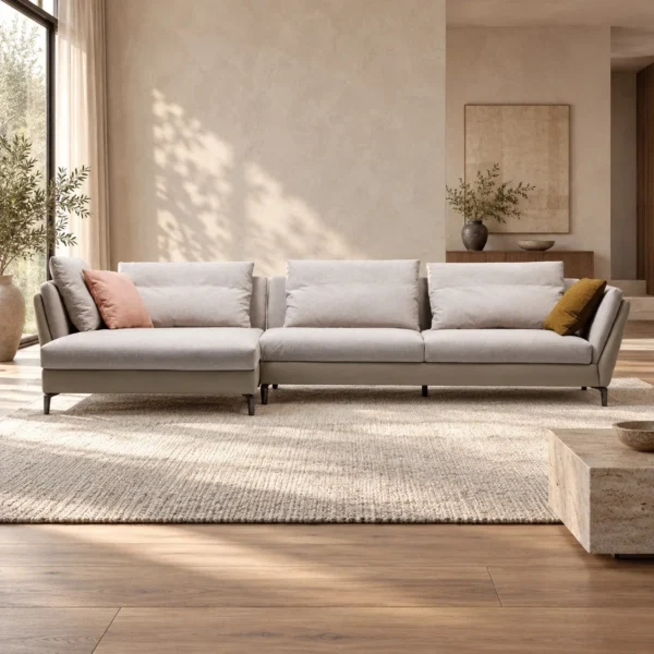 Light Grey Sectional with Chaise on Slim Metal Legs, 342 cm in slate — in a room setting