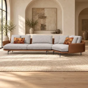 Two-Tone Sectional in Grey Fabric and Tan Leather, 381 cm — front view