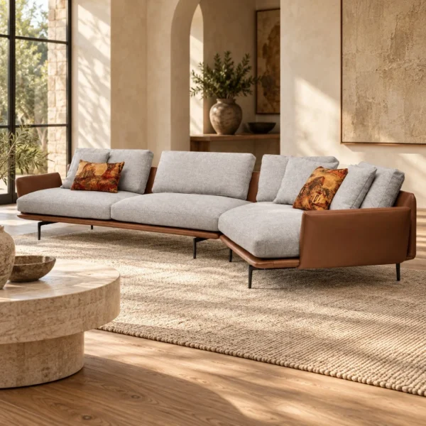 Two-Tone Sectional in Grey Fabric and Tan Leather, 381 cm — in a room setting