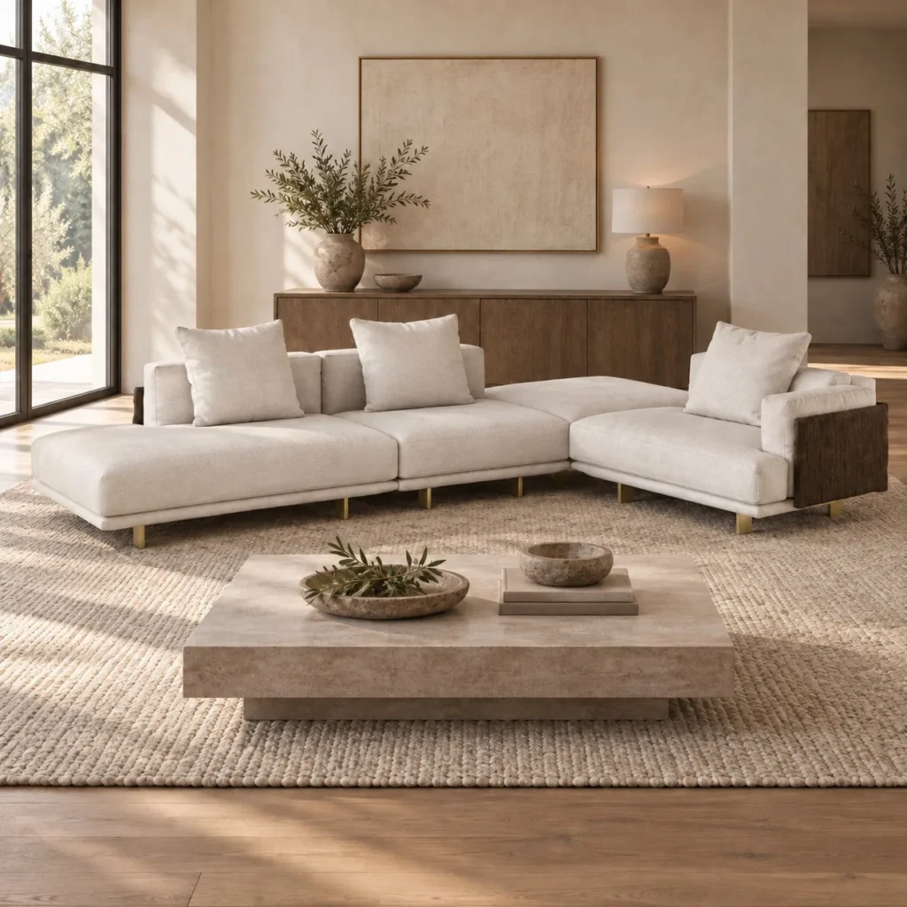 Cream Bouclé Corner Sectional on Brass Legs, 346 cm in oatmeal — front view