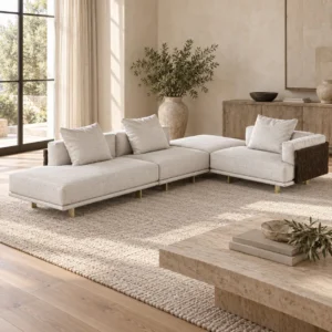 Cream Bouclé Corner Sectional on Brass Legs, 346 cm in oatmeal — in a room setting