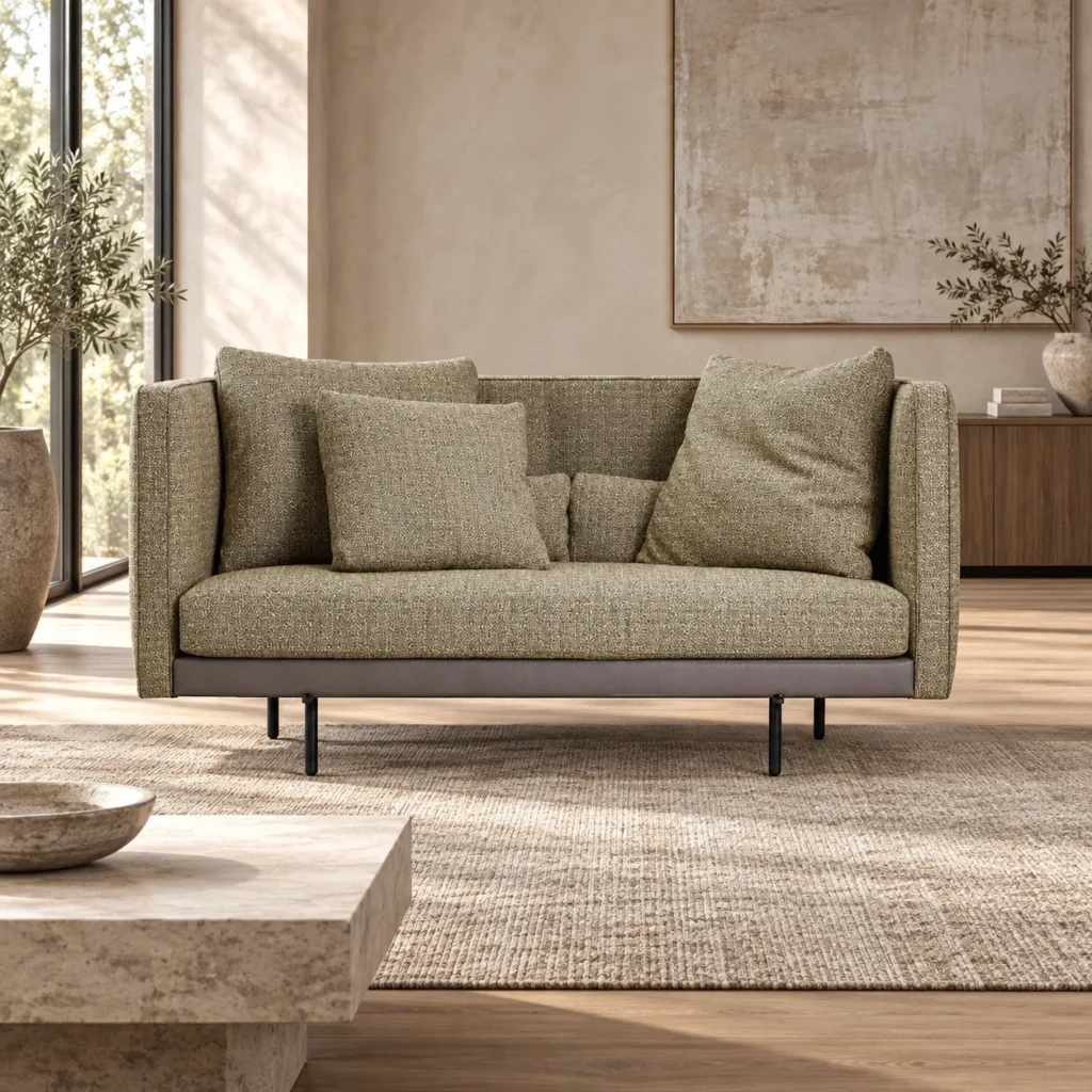 Olive Tweed Two-Seat Sofa with Wrapped Back on Metal Legs in olive — front view