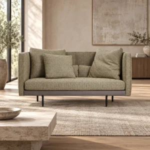Olive Tweed Two-Seat Sofa with Wrapped Back on Metal Legs in olive — in a room setting