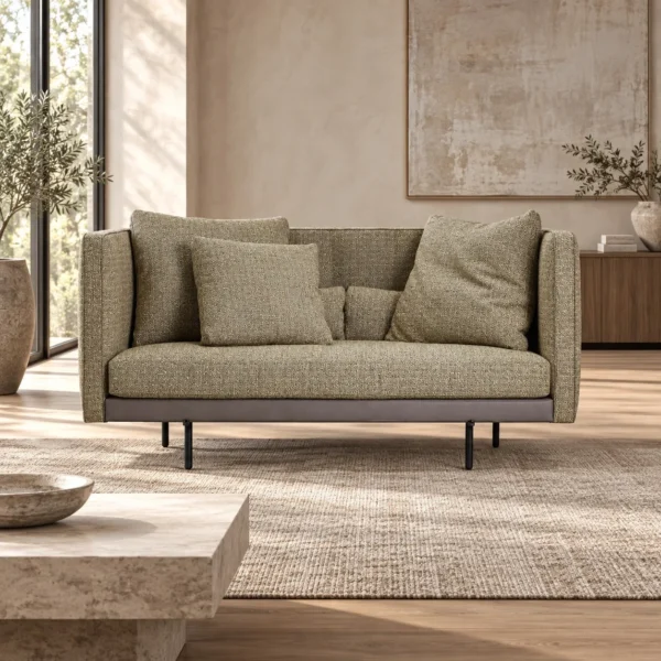 Olive Tweed Two-Seat Sofa with Wrapped Back on Metal Legs in olive — in a room setting