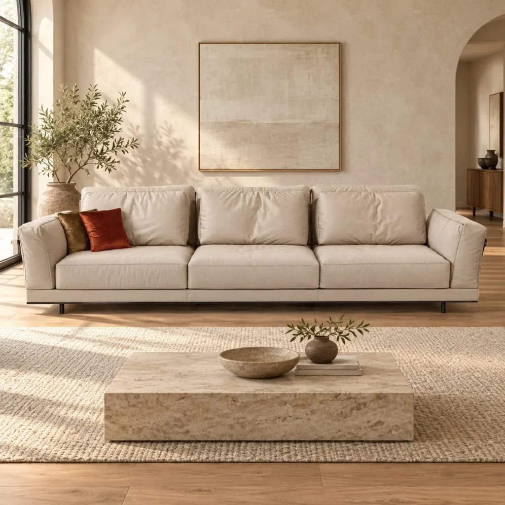Cream Leather Three-Seat Sofa with Slim Arms on Metal Base in oatmeal — front view