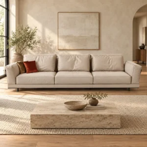 Cream Leather Three-Seat Sofa with Slim Arms on Metal Base in oatmeal — front view