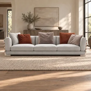 Light Grey Three-Seat Sofa with Woven Leather Sides, 311 cm in slate — front view