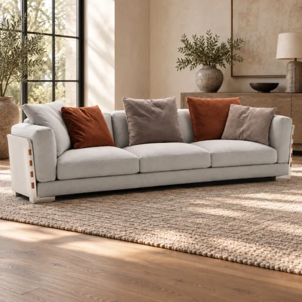 Light Grey Three-Seat Sofa with Woven Leather Sides, 311 cm in slate — in a room setting
