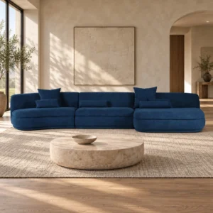 Royal Blue Curved Modular Sofa with Chaise, 435 cm in blue — in a room setting