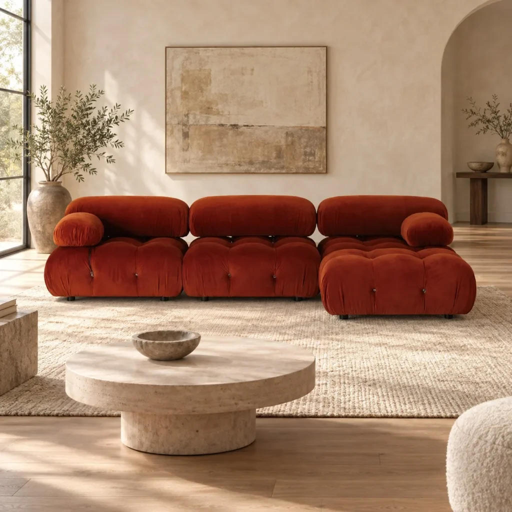 Rust Velvet Tufted Modular Sofa with Ottoman, 288 cm in rust — front view