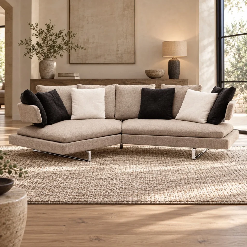 Cream Angled Sectional with Loose Cushions on Metal Base in oatmeal — front view