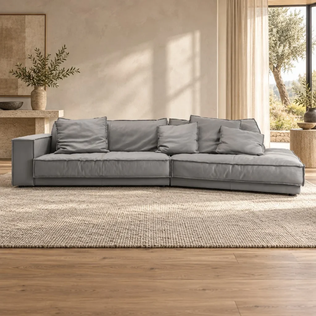 Grey Suede Modular Sofa with Chaise and Pillow Cushions in slate — front view