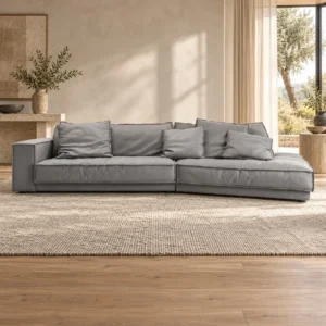 Grey Suede Modular Sofa with Chaise and Pillow Cushions in slate — front view
