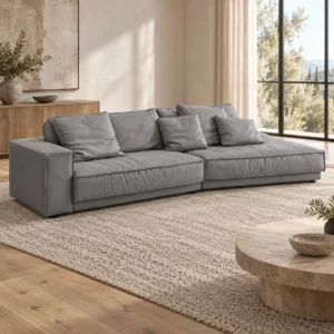 Grey Suede Modular Sofa with Chaise and Pillow Cushions in slate — in a room setting