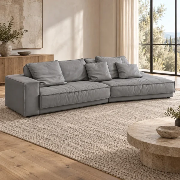 Grey Suede Modular Sofa with Chaise and Pillow Cushions in slate — in a room setting