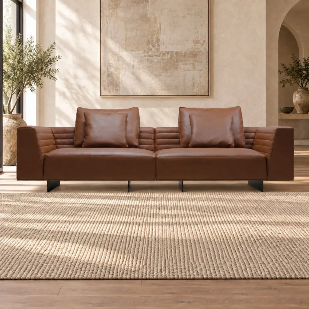 Cognac Leather Channel-Quilted Sofa on Metal Base, 280 cm in clay — front view
