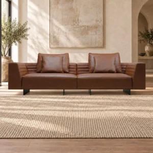 Cognac Leather Channel-Quilted Sofa on Metal Base, 280 cm in clay — front view