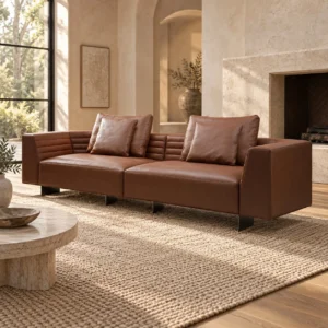 Cognac Leather Channel-Quilted Sofa on Metal Base, 280 cm in clay — in a room setting