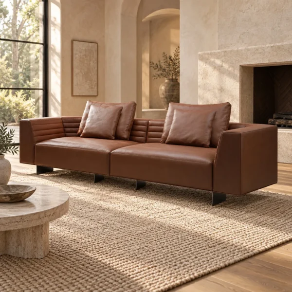 Cognac Leather Channel-Quilted Sofa on Metal Base, 280 cm in clay — in a room setting