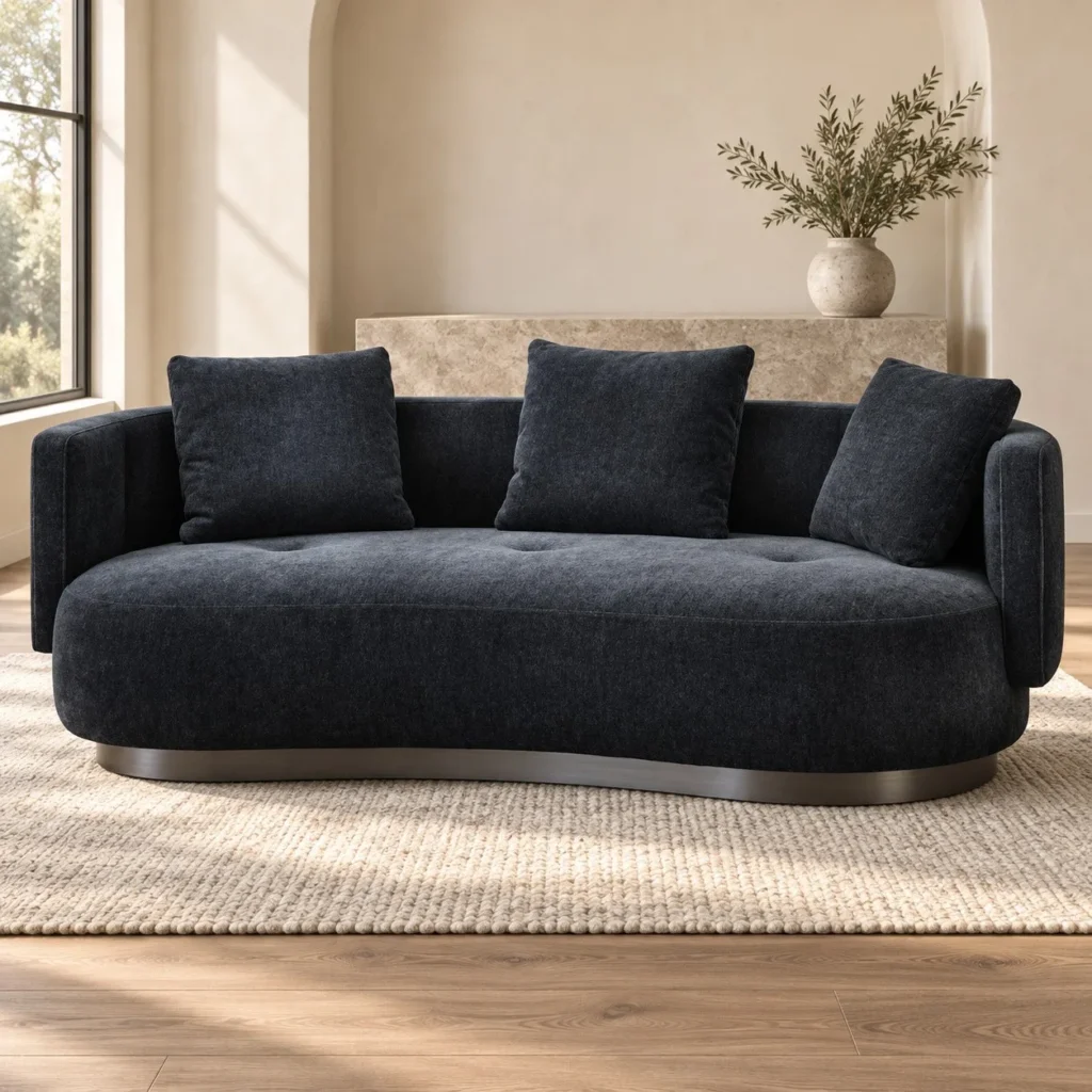 Charcoal Curved Sofa on Metal Plinth Base, 212 cm in black — front view