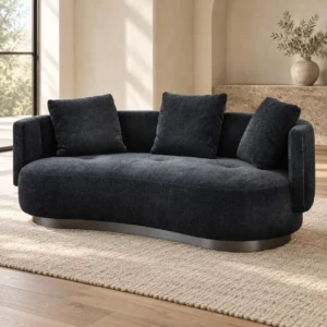 Charcoal Curved Sofa on Metal Plinth Base, 212 cm in black — in a room setting