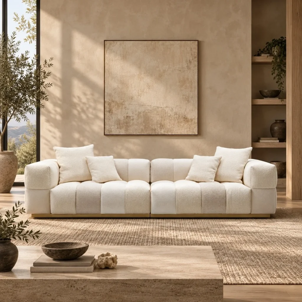 Sodoku Grid-Tufted Sofa in Cream Fabric on Plinth Base — front view